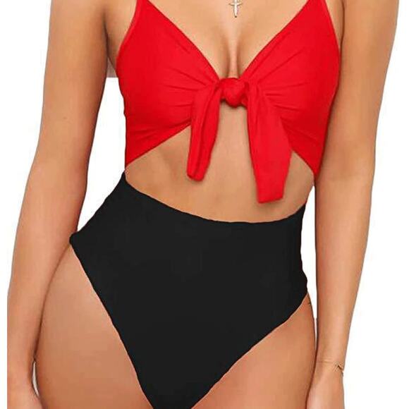 QEARAL Red Tie Front Bikini Top Black High-Waist Thong One Piece Swim | Small - Picture 7 of 7